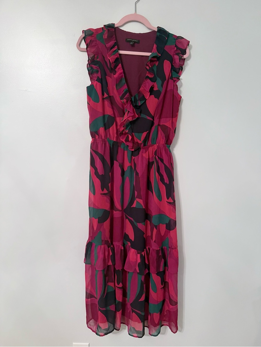 Banana Republic Magenta & Forest Green Ruffle V‑Neck Midi Dress